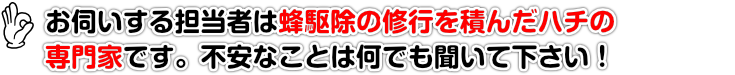 お伺いする担当者は蜂駆除の修行を積んだハチの 専門家です。不安なことは何でも聞いて下さい！